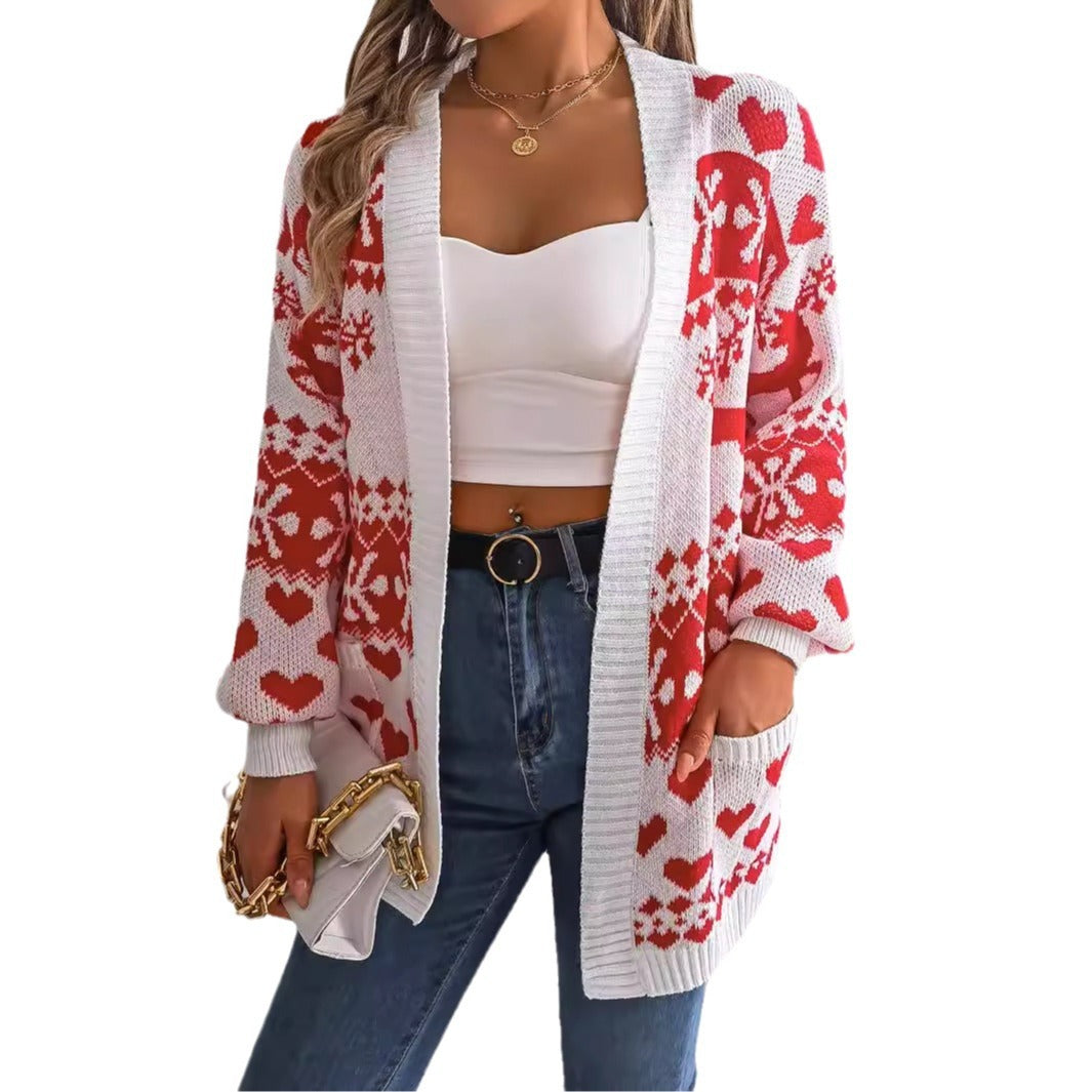 2024 Christmas Clothes Women's Open Front Cardigan Knitwear Lantern Sleeve Xmas Printed Oversized Deer Sweater Pockets Knitted