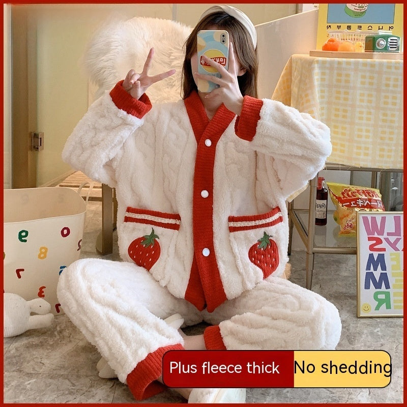 Autumn And Winter Women's Pajamas Suit Outer Wear Thick Thermal Coral Fleece Flannel Ladies' Homewear