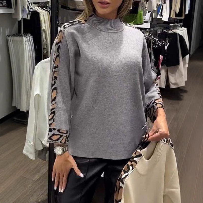 Fashion Women's Turtleneck Long Sleeve Leopard Splicing Top