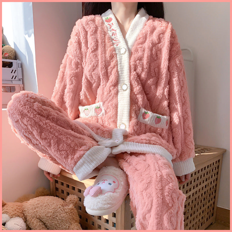 Autumn And Winter Women's Pajamas Suit Outer Wear Thick Thermal Coral Fleece Flannel Ladies' Homewear