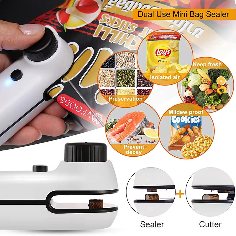 Rechargable 2 In 1 Mini Heat Sealer Storage Bag Plastic Package Snack Sealer Bag Handheld Heat Sealer Plastic Bag USB Mini Bag Sealer Cutter Mini Chip Bag Sealer