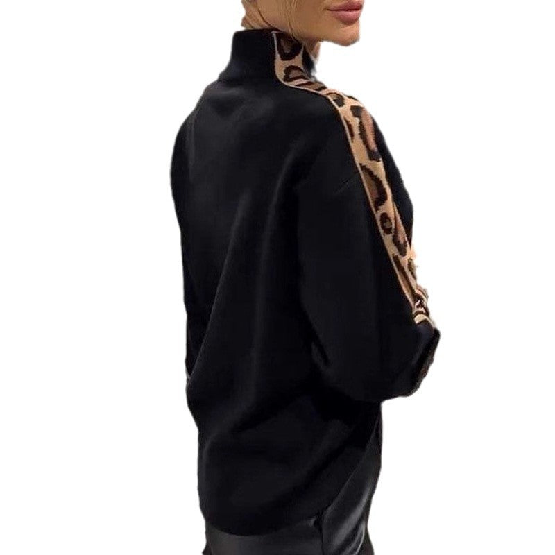 Fashion Women's Turtleneck Long Sleeve Leopard Splicing Top