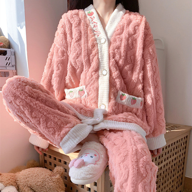 Autumn And Winter Women's Pajamas Suit Outer Wear Thick Thermal Coral Fleece Flannel Ladies' Homewear