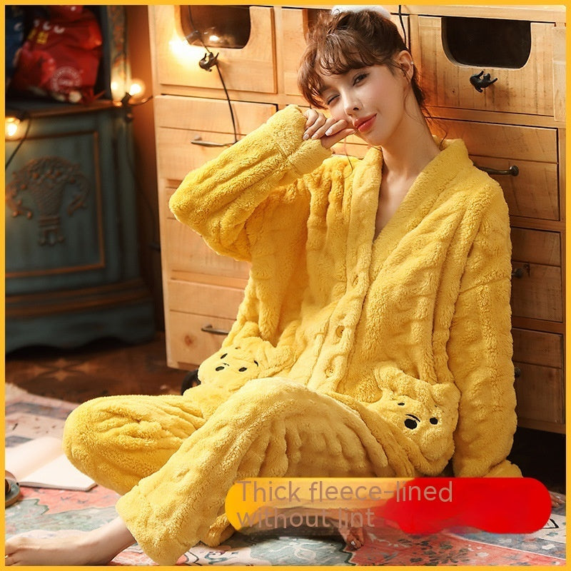 Autumn And Winter Women's Pajamas Suit Outer Wear Thick Thermal Coral Fleece Flannel Ladies' Homewear