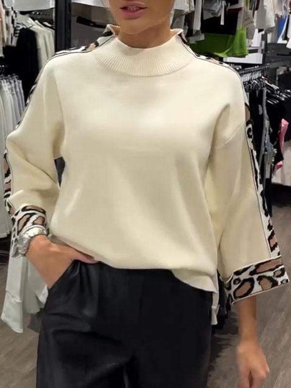 Fashion Women's Turtleneck Long Sleeve Leopard Splicing Top