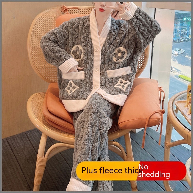 Autumn And Winter Women's Pajamas Suit Outer Wear Thick Thermal Coral Fleece Flannel Ladies' Homewear